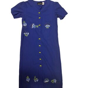 Sage Harbor Dress Blue Linen Cotton Fish Buttons Embroidered Midi Size 10